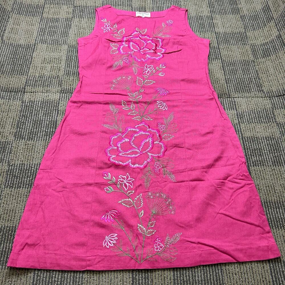 Bombay Paisley Linen Blend Floral Embroidered Dress Size XS Pink Sleeveless